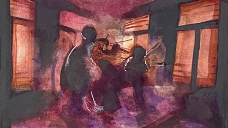 En målning som går från svart till lila, rött och ljust röda och gula färger. I bakgrunden syns fönster där ljuset släpps in. I förgrunden syns diffusa figurer. 