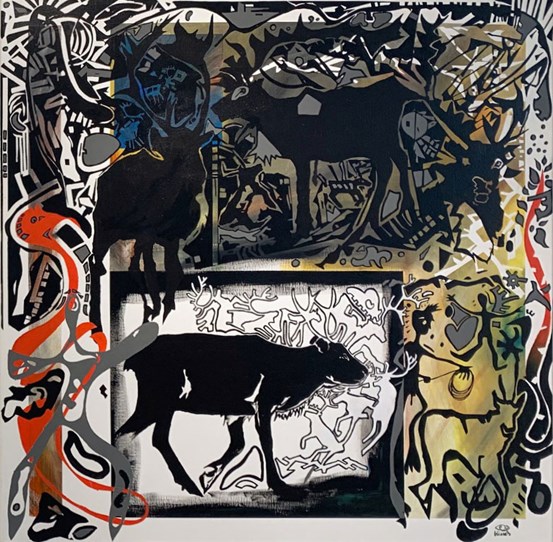 Renar och människofigurer i siluett i en kaosartad komposition. 