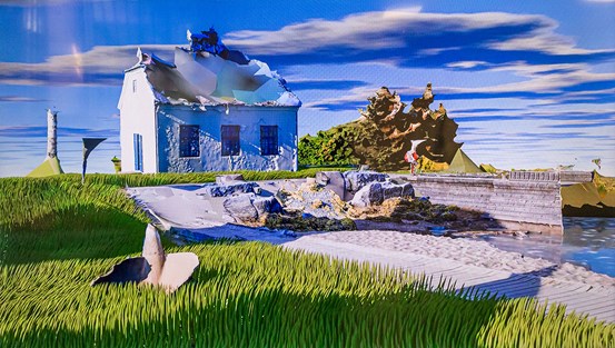En digital bild av ett landskap med grönt gräs och blå himmel. Ett vitt hus syns i landskapet bl.a.