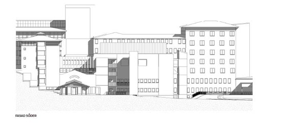 Ritning i svart-vitt av fasad, byggnad. 
