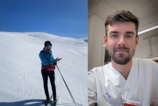 Fredrik på skidor en solig vinterdag på fjället och ett porträtt av Fredrik i sin roll som AT-läkare