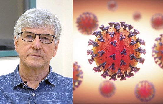 Smittskyddsläkare Hans Boman och en närbild av ett covid-virus 