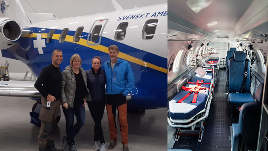 Niclas Adolphsson, Maria Söderberg, Mariell Rehnman och Magnus Lindström (med flygplan i bakgrunden) samt inredningen på ambulansflyget 