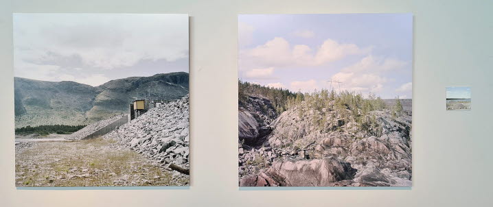 Tre fotografier, två stora och ett mindre, föreställande landskapet längs den hårt exploaterade Luleälven.