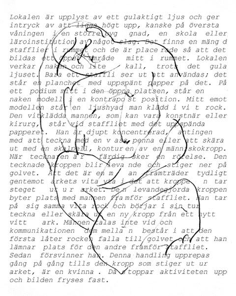 En linjeteckning i svart tusch av en sittande figur. Den ser ut att vara tecknad ovanpå en tryckt text. Av Eirin Marie Solheim Pedersen.