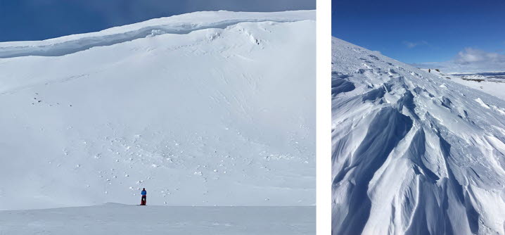 Två fotografier som visar fjällandskap med vit snö mot klarblå himmel. En ensam människa syns som en liten fläck i båda fotografierna.