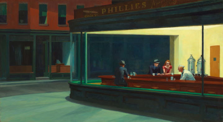 Edward Hopper, Nighthawks, 1942. ©Edward Hopper/Bildupphovsrätt 2020.