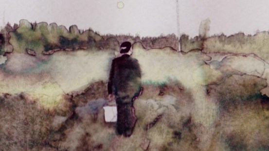 Akvarellerat fotografi som visar en pojke bakifrån, stående i ett landskap med en hink i handen.