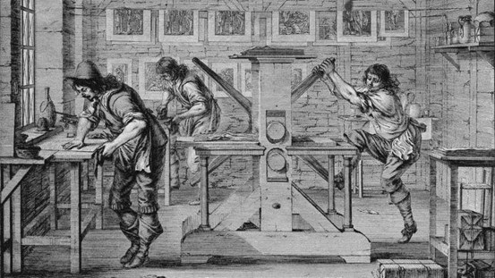 Verk av Abraham Bosse. A printers workshop, etsning, 261 x 362 cm, 1642. Bilden är beskuren.