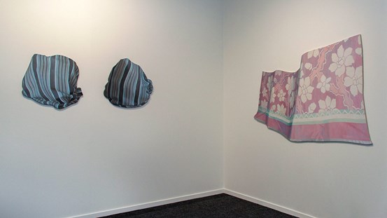 Ett hörn i ett rum, två vitmålade väggar. En diptyk av Anna Renström bestående av två figursågade målningar. En målad som blårandiga tygbylten, hänger på ena väggen. På den andra väggen hänger en målning föreställande ett vitblommigt tygstycke mot rosa bakgrund.