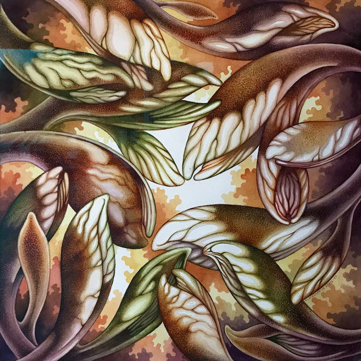 Akvarell i brungröna toner visar organiska former, liknande blomblad, som rör sig in mot mitten av målningen.