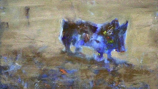 Målning av Bengt Frank, ”Långt borta”. Djurliknande skepnad i blå toner mot en mer jordfärgad bakgrund. 