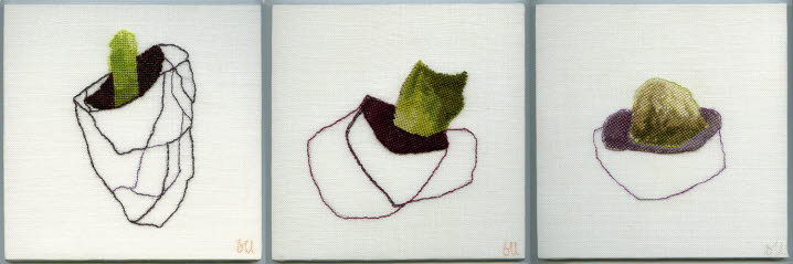 Britt-Lis Lindqvist, Ursprung 1,2 och 3. Broderi, varje bild 20x20 cm. ©Britt-Lis Lindqvist/Bildupphovsrätt 2020.