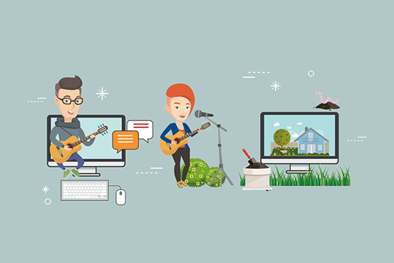 Illustration av en kille och en tjej som spelar gitarr och sjunger