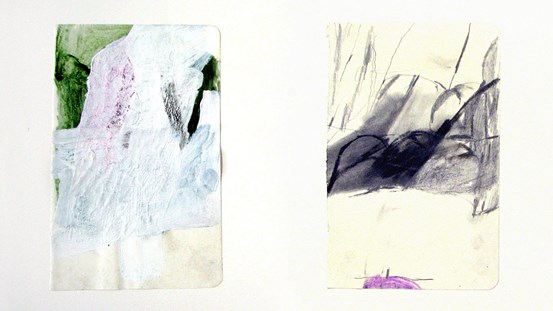 Verk av Carl Berglund. Till vänster: ur Svit III, målning, teckning på papper. Till höger: ur Svit VII, teckning. ©Carl Berglund.