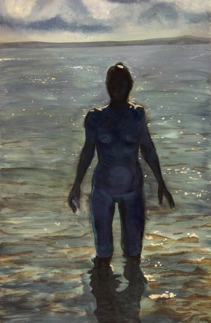Blågrå målning föreställande en naken kvinna i motljus som kliver upp ur havet.