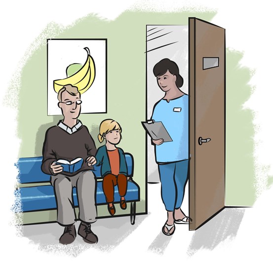 Illustration av en förälder, ett barn och en vårdpersonal i ett väntrum.