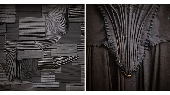 Till vänster: dokumentation av Helena Byströms tyginstallation bestående av plisserade blanka, svarta tyger. Till höger: Helena Byströms fotografi av handsydd kvinnodräkt från 1800-talet, funnen i museets samlingar.