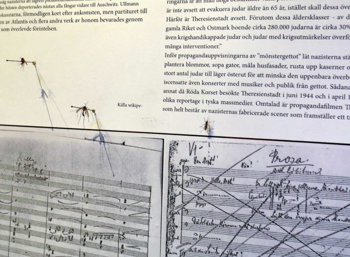 Fotografi av verket ”Opera för myggor”, visar ett notblad och text, samt två uppmålade myggor och en levande mygga som landat på verket.