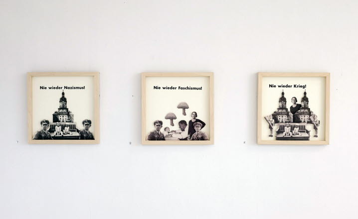 Tre svartvita collage med texterna “Nie Wieder Nazismus”, “Nie Wieder Faschismus” och “Nie Wieder Krieg”.