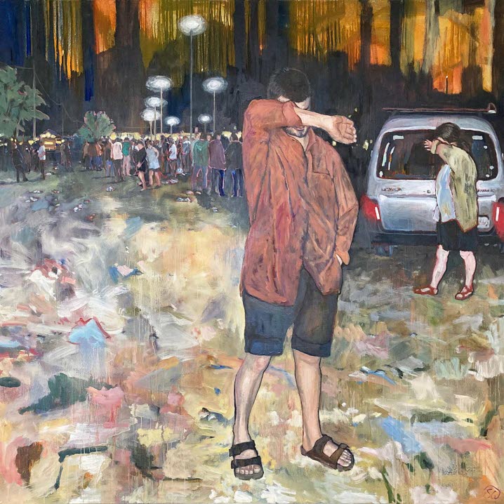 Målning av Staffan Westerlund föreställande en ung man i förgrunden som håller armen för att skyla ansiktet. I bakgrunden syns en bil samt människor som samlats. 