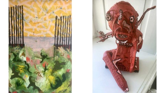Till vänster: en abstraherad målning som kan läsas som ett landskap med gul himmel och svart staket. Till höger: Rosaröd skulptur av en figur med krokig arm, ett utsträckt ben och öppen mun.