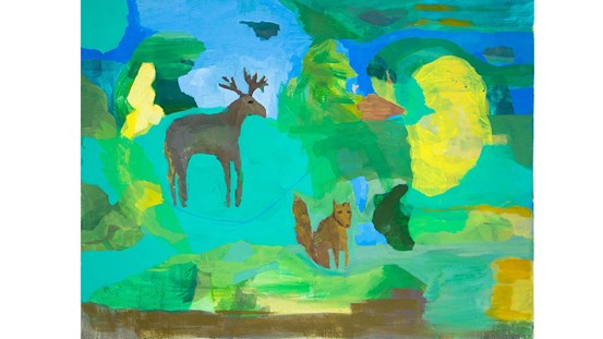 Johanna Bahlenbergs naivistiska akrylmålning ”Skogs liv” som avbildar en älg och en räv i en grön skog.