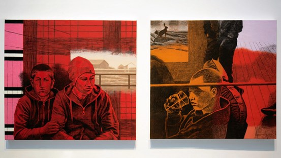 Karin Laaja, I Paxal Akryl/olja/kol på linneduk (2013). På färjan (tio år senare) Akryl/olja/kol på linneduk (2013). ©Karin Laaja/Bildupphovsrätt 2019.