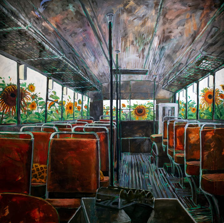 Staffan Westerlunds målning föreställande en bussinteriör genom vars fönster stora rödgula solrosor försöker tränga sig in. Bakom ett par stolsryggar skymtar en sovande leopard.