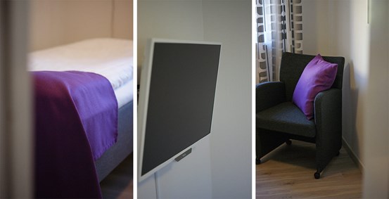 Bildmix av en enkelsäng, tv och fåtölj