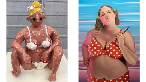 Amy Worrall, ur serien ”Not a Girl, not yet a Woman”, keramik. Henriks Harinen, ”Beach babes”, målning. ©Amy Worrall ©Henriks Harinen.