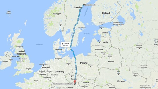 Karta över norra Europa med Örnsköldsvik och Krems utmärkta.