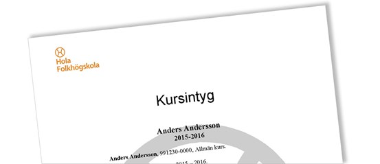 Ett papper med Hola folkhögskolas logotyp och texten kursintyg