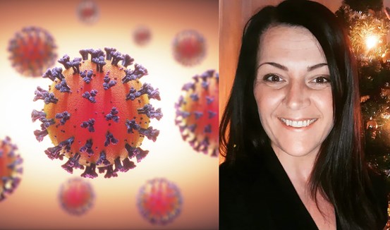 Porträtt av Maria Modin och en illustration av covid-viruset