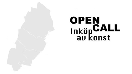 Ljusgrå silhuett av karta som visar de fyra nordliga länen samt en text som säger: Open Call: inköp av konst.