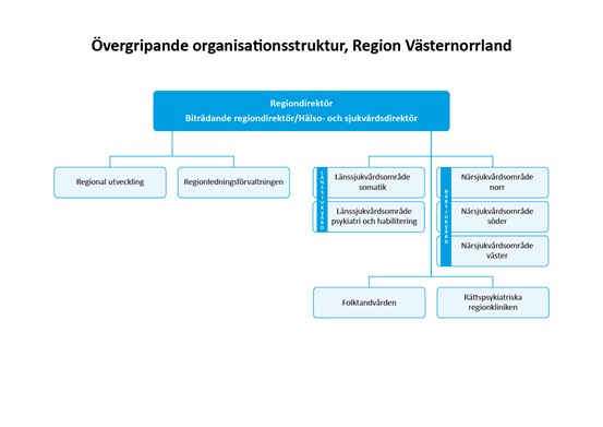 Organisationsskiss visar områden inom Region Västernorrland, grupperade på hälso- och sjukvård och områden med annan verksamhet