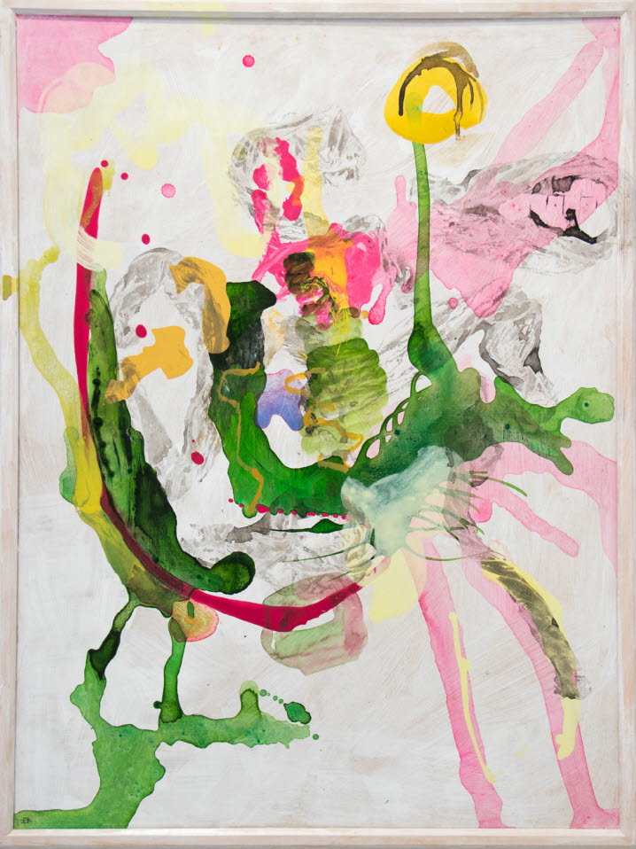 Elisabeth Athles målning ”Polarna” i vattenbaserad oljefärg. Flödigt och färgrikt måleri i grönt, ros och gult mot vit bakgrund.