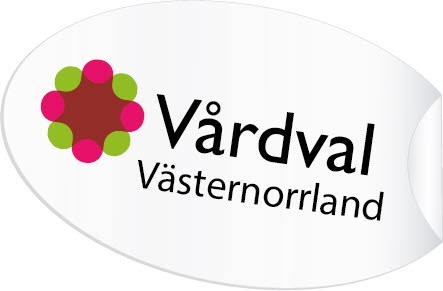 Logotyp för Vårdval Västernorrland ritad som ett klistermärke placerad lite snett