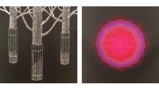 Två verk av Victoria Andersson. Till vänster ”Protection”, visar tre träd, broderade med vit tråd på svart tyg. Till höger ”Xenos”, är en centrisk rosavibrerande applikation av tyll i många lager som överlappar varandra.
