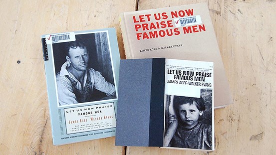 Walker Evans/James Agee, Let Us Now Praise Famous Men. Tre utgåvor på Umeå universitetsbibliotek. Foto: Margareta Klingberg.