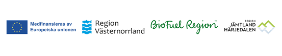 Logotyper för finansiärerna Europeiska unionen, Region Västernorrland, BioFuel Region  och Region Jämtland Härjedalen.