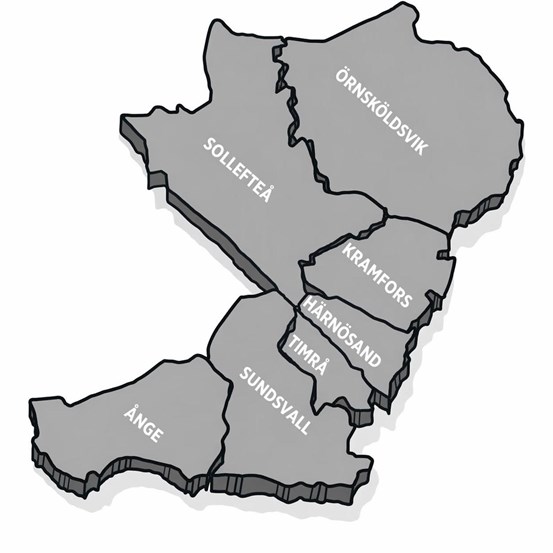 Karta över Västernorrlands kommuner: Örnsköldsvik, Sollefteå, Kramfors, Härnösand, Timrå, Sundsvall och Ånge.