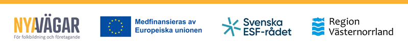 Logotyp för projektet Nya vägar, Europeiska unionen, Svenska ESF-rådet och Region Västernorrland.