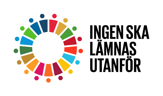 Loggan för de globala målen tillsammans med texten " Ingen ska lämnas utanför"