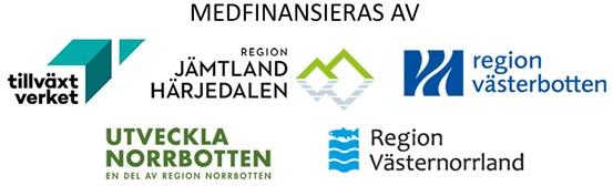Logotyper om medfinansiering från Tillväxtverket och regioner: Jämtland Härjedalen, Västerbotten, Norrbotten och Västernorrland.