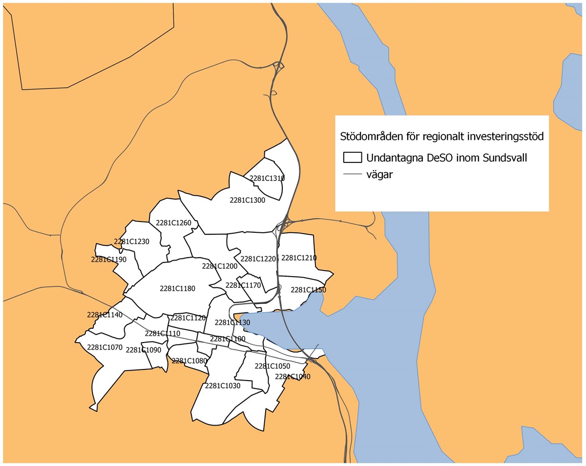 Karta över Ej stödberättigade delar inom Sundsvall, regionalt investeringsstöd 