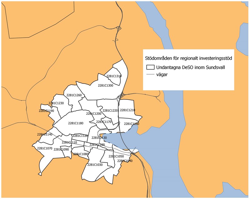 Karta över Ej stödberättigade delar inom Sundsvall, regionalt investeringsstöd 