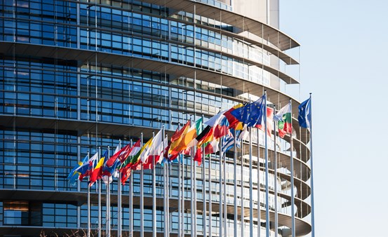 Alla flaggor i Europeiska unionen framför EU-parlamentet