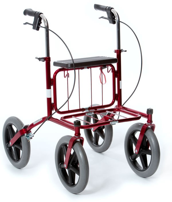 Mörkröd fyrhjulig rollator, stora hjul. Handtag med handbromsar. Sittplatta. 