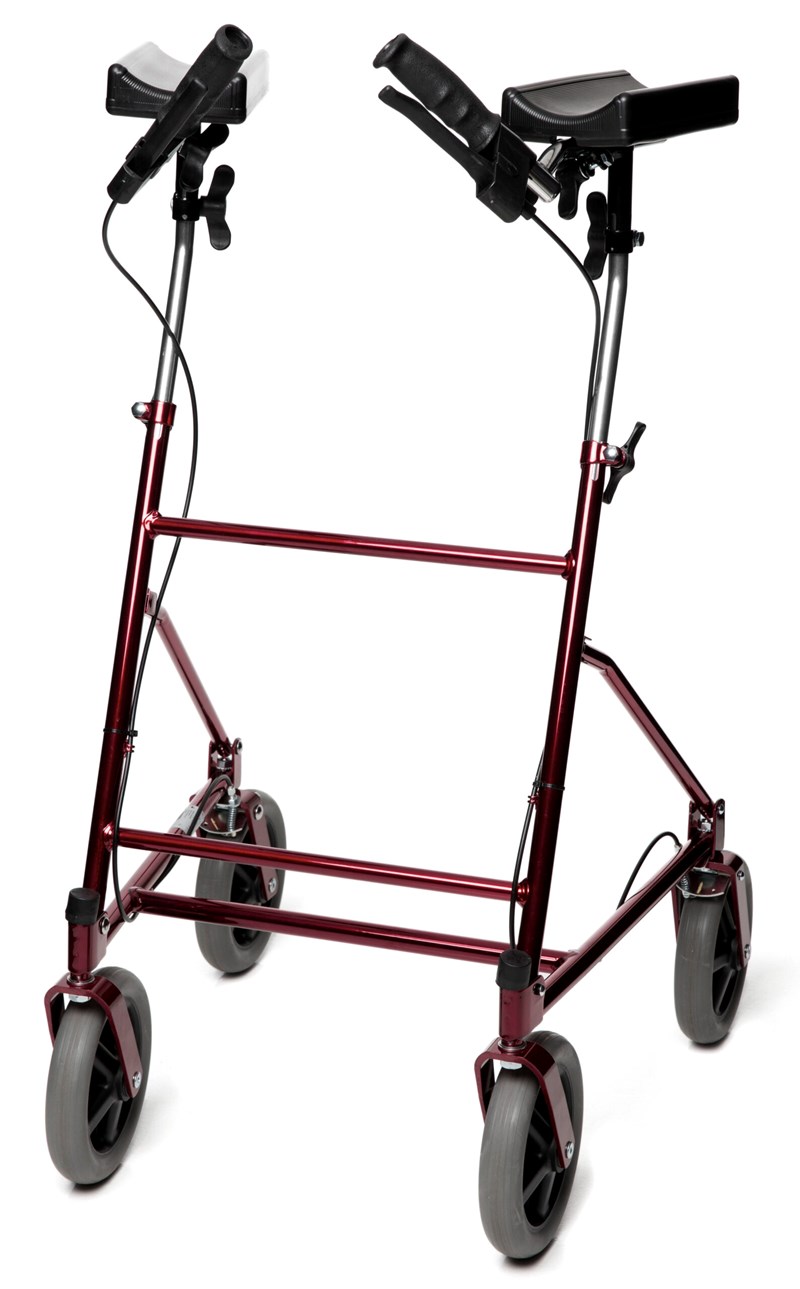 Mörkröd fyrhjulig rollator, små hjul. Höga armstöd med skålade underarmsstöd. Handbromsar. 